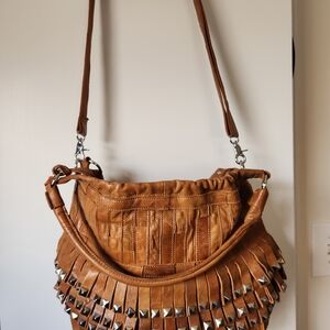 Amerileather Studded Camel Leather Hobo Bag Boho Western Shoulder Bag Fringe